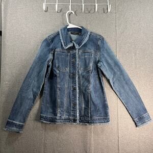 Susan Graver Stretch Denim Button-Front Size XX-Small Frayed Jean Jacket Blue